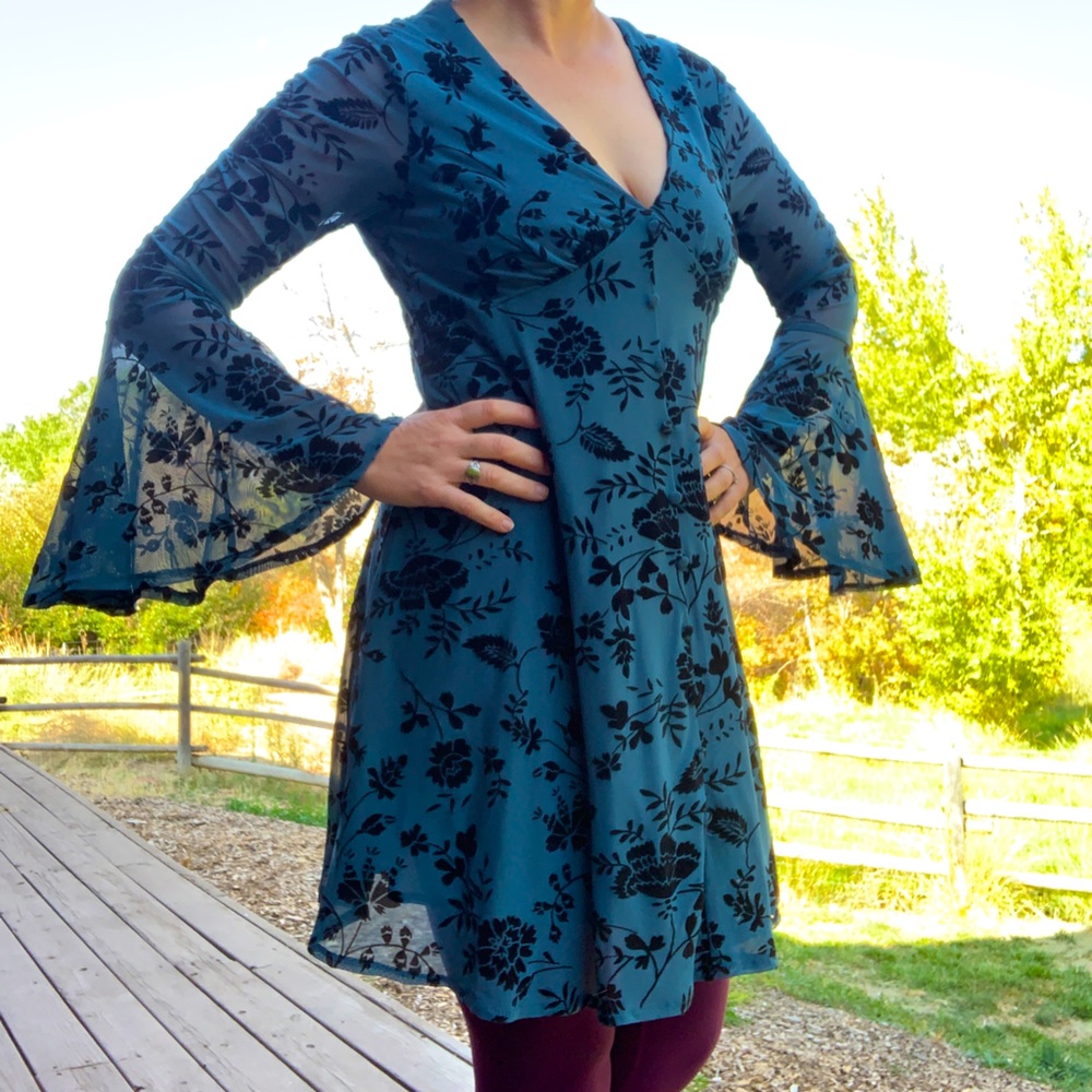 Miami Dress Blue with Black Velvet Floral Design